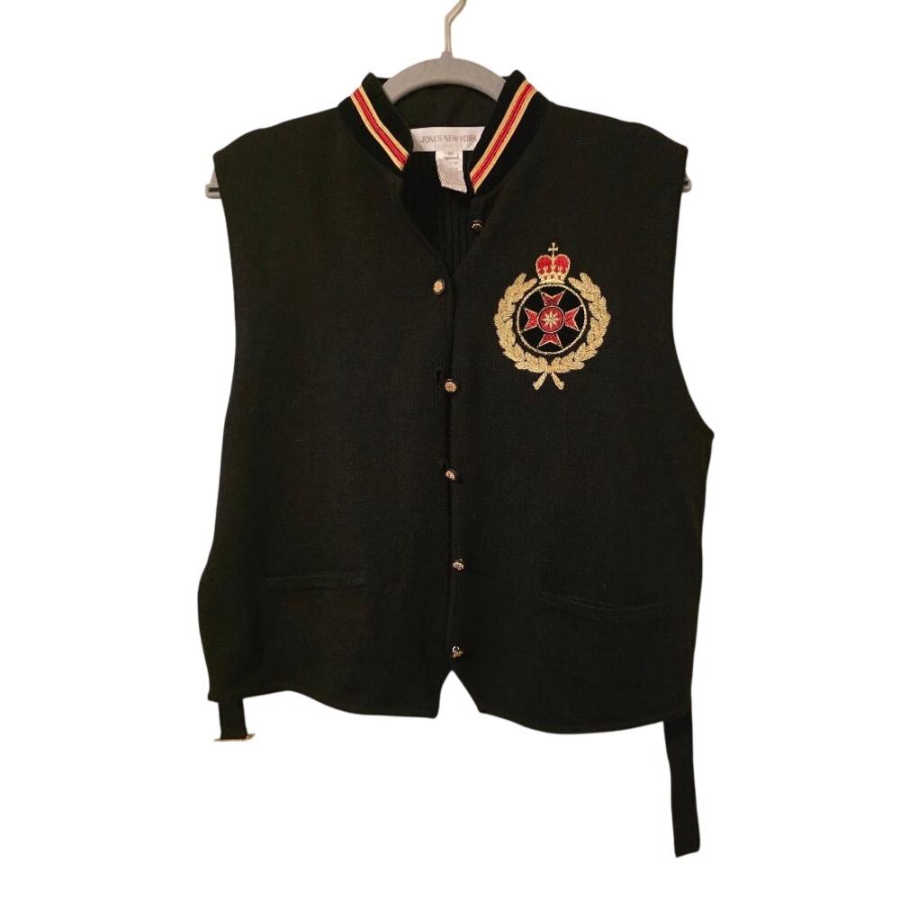 Vintage Jones New York Crest Sweater Vest M Black Equestrian Preppy
